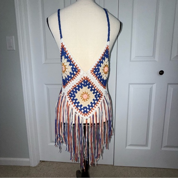 Rebellion Bohemian Hippie Crochet Fringe Dress - Blue, Orange, Cream Large - Picture 3 of 8